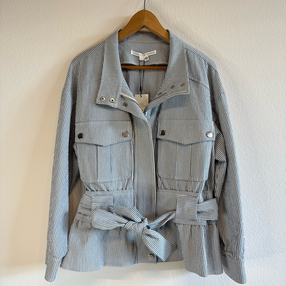 Veronica Beard York Bomber Jacket Striped Seersucker Coastal Preppy Large - Picture 3 of 13